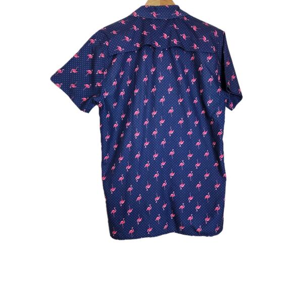 Surf Society Mens Short Sleeve Button Shirt Sz.L/Flamingo Print/Blue/Swim Wear - Picture 2 of 7